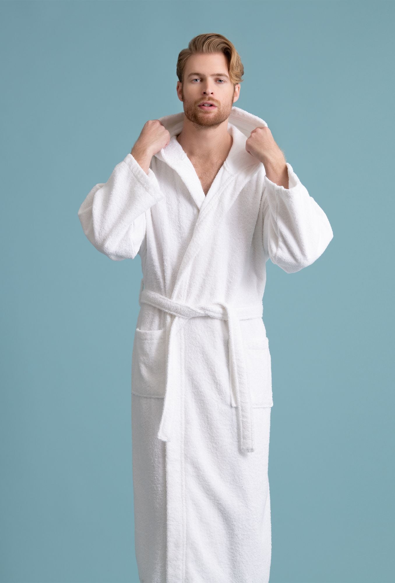 Men's Hooded Robe, Turkish Cotton Terry Hooded Spa White Bathrobe –  towelnrobe