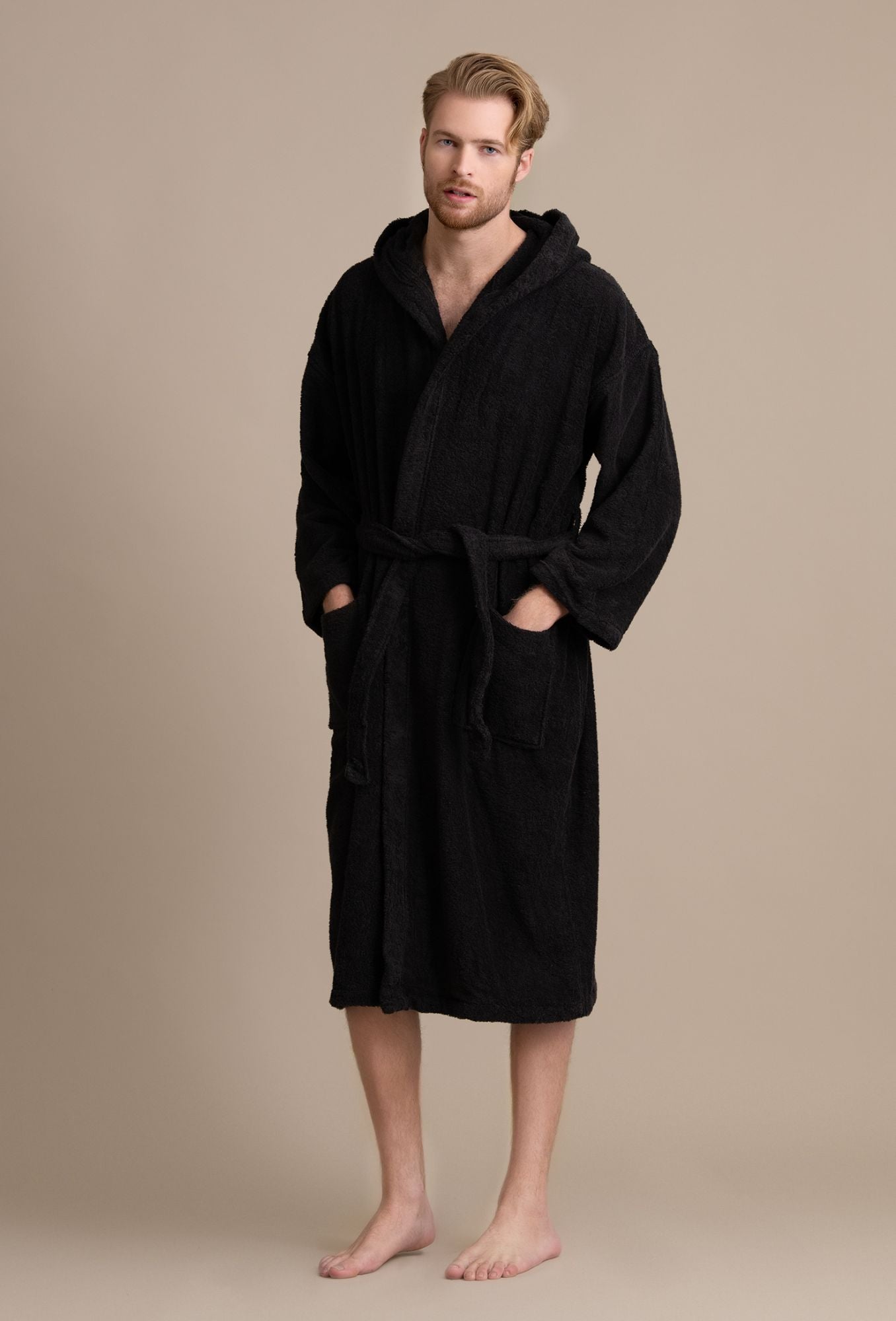 Men's Hooded Robe, Cotton Terry Hooded Spa Black Bathrobe Men's Hooded Robe, Cotton Terry Hooded Spa Black Bathrobe