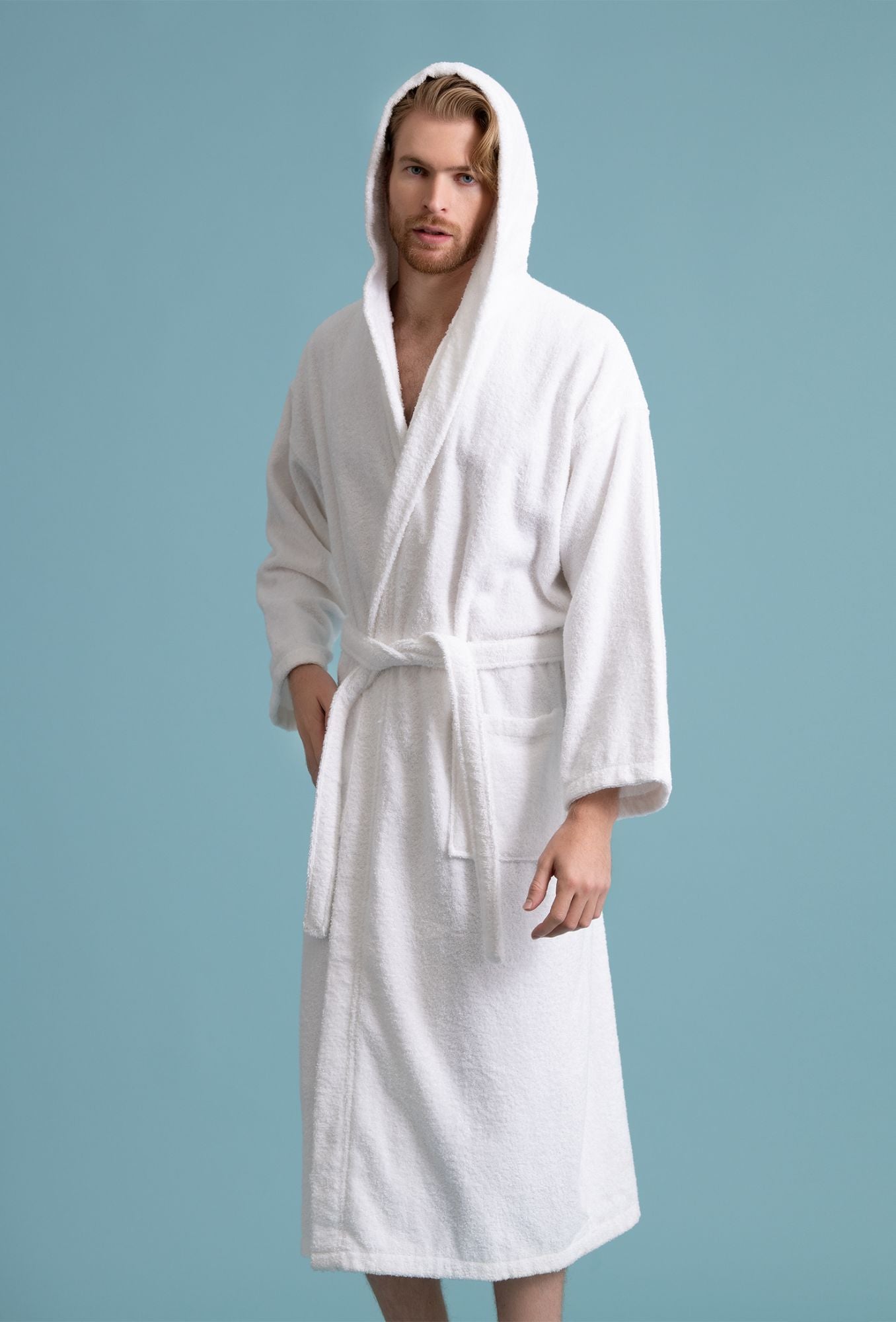Men's Hooded Robe, Turkish Cotton Terry Hooded Spa White Bathrobe