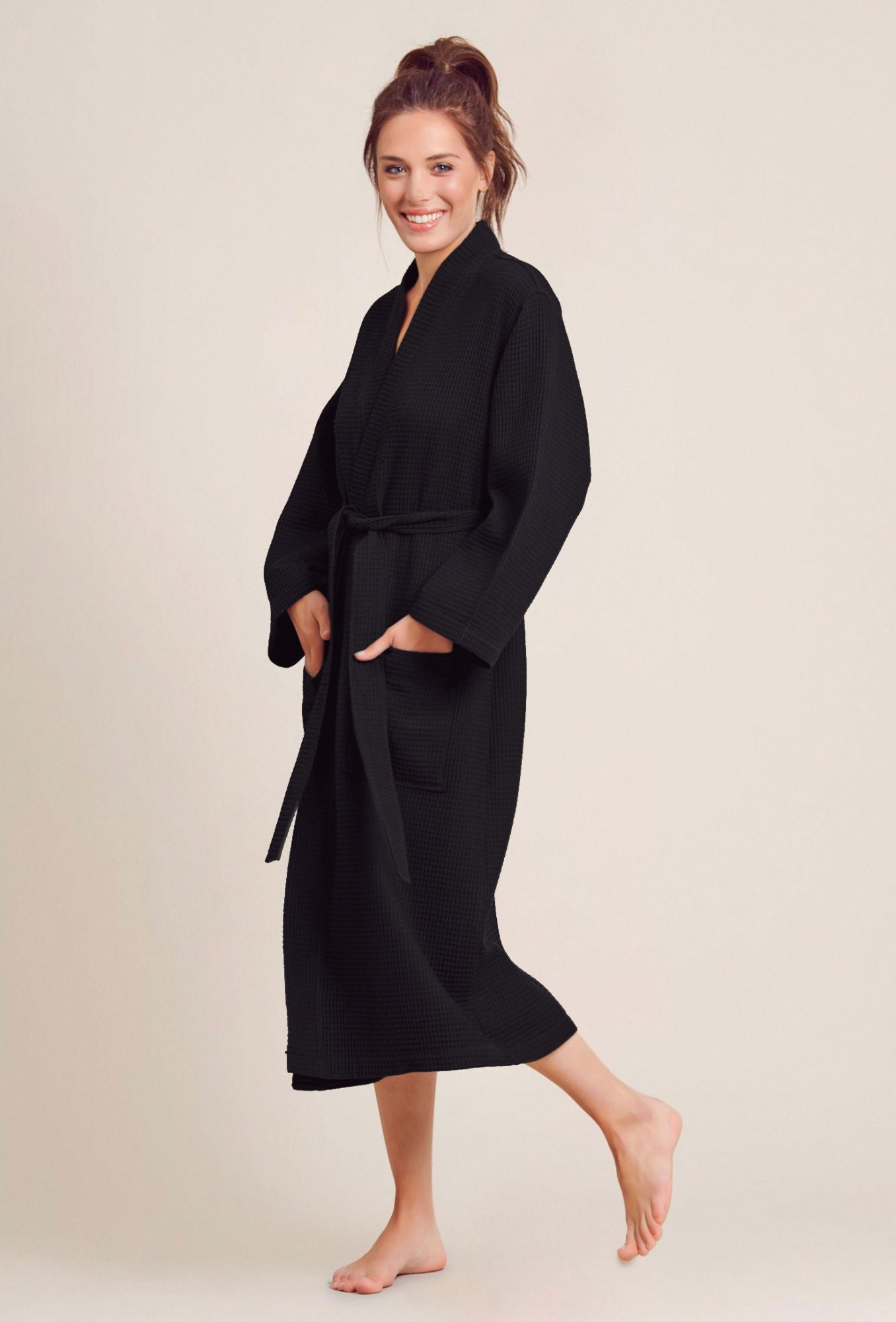 Women's Long Waffle Kimono Black Robe