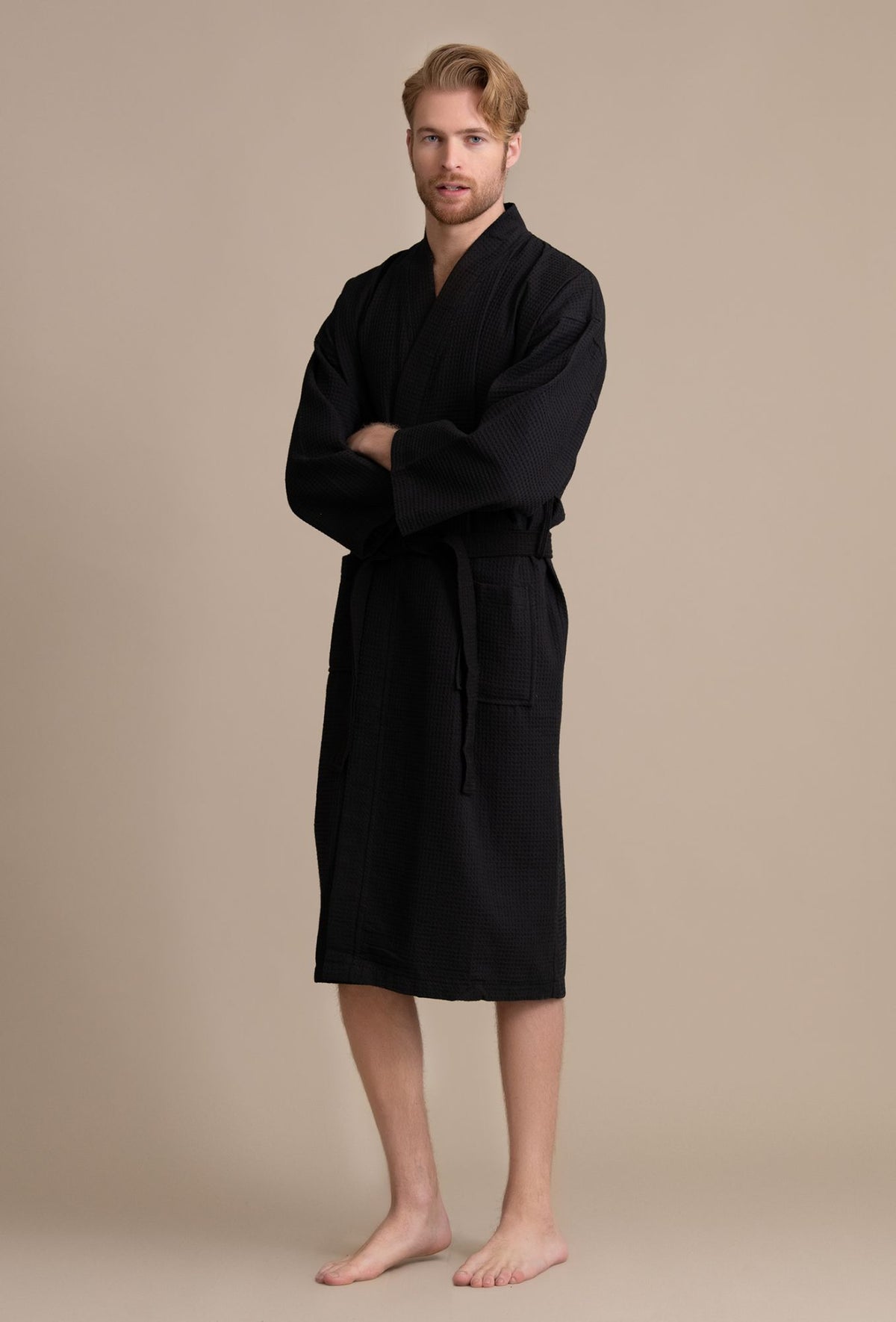 Black Ruffled Robe Male Men's Waffle Kimono Black Robe – towelnrobe