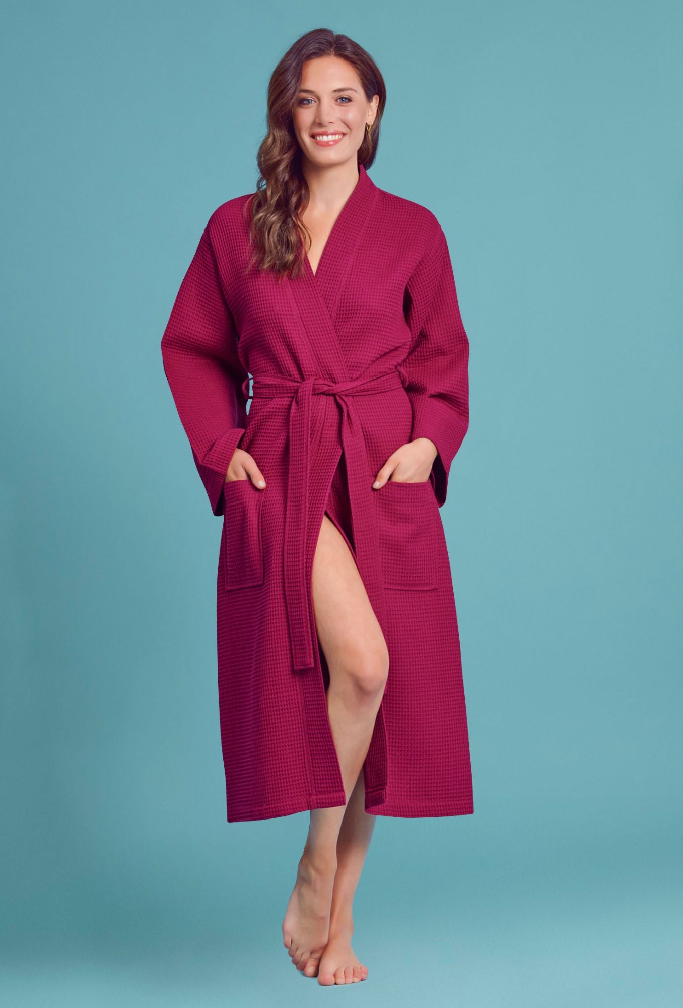 Women's Long Waffle Kimono Wine Red Robe – towelnrobe