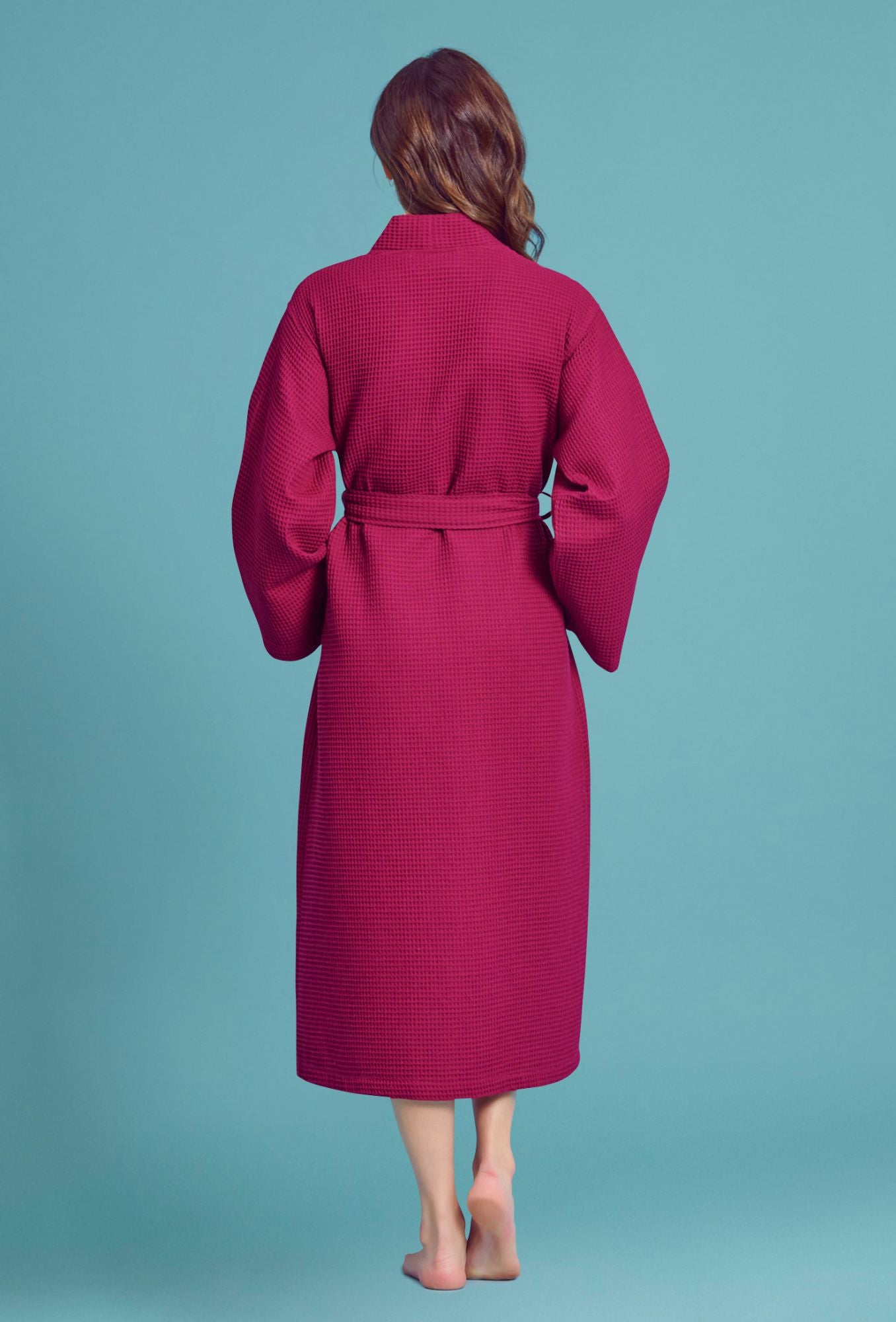 Women's Long Waffle Kimono Wine Red Robe – towelnrobe