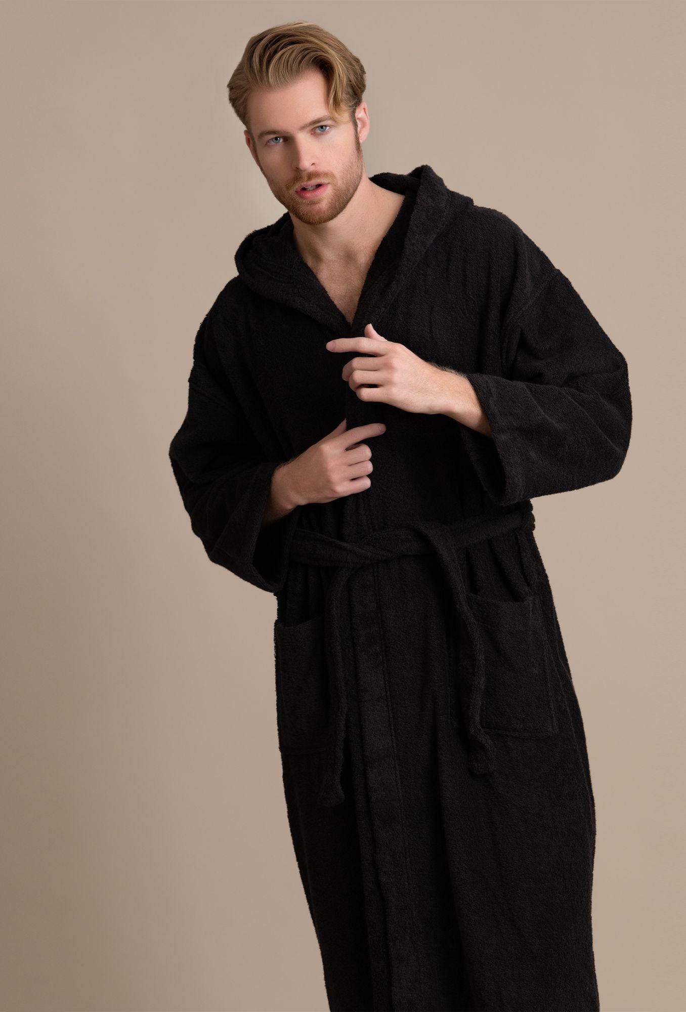 Men's Hooded Robe, Turkish Cotton Terry Hooded Spa Black Bathrobe