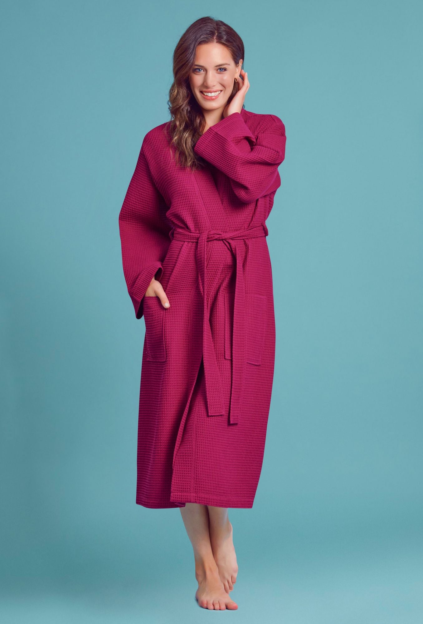 Women's Long Waffle Kimono Wine Red Robe – towelnrobe