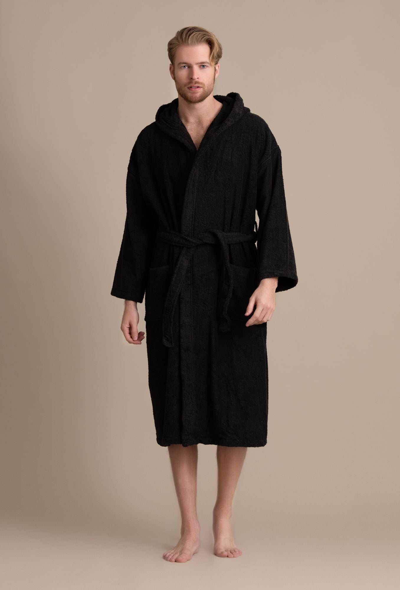 Men's Hooded Robe, Cotton Terry Hooded Spa Black Bathrobe – towelnrobe